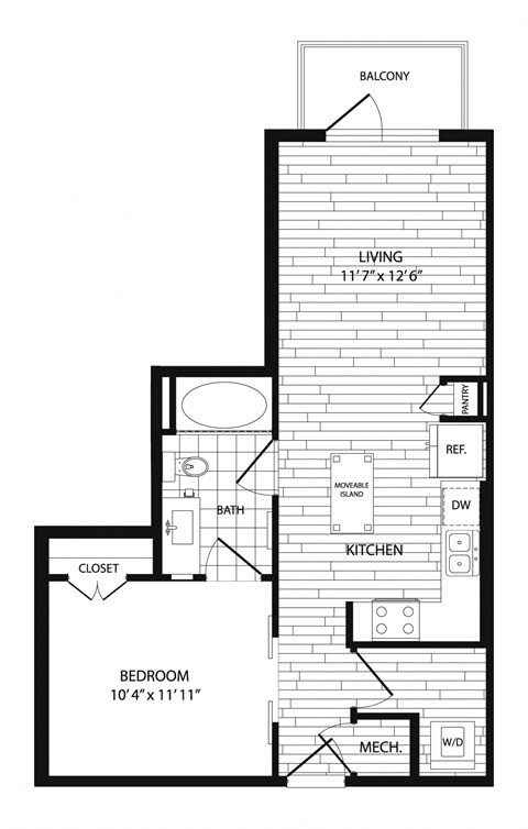 Floor plan for 1 bed, 1 bath, 631 sqft